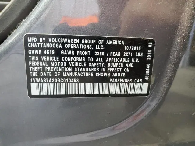 2016 VOLKSWAGEN PASSAT S  