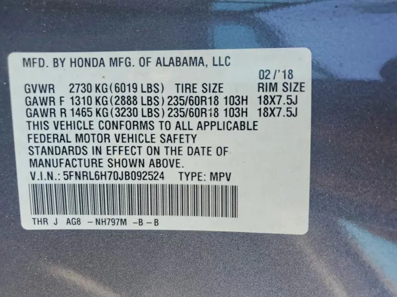 2018 HONDA ODYSSEY EXL  