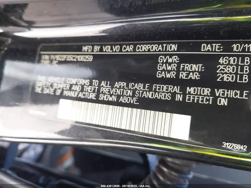 2012 VOLVO S60 T5