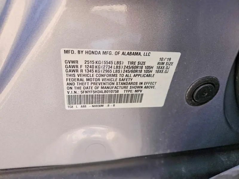 2020 HONDA PILOT EX  