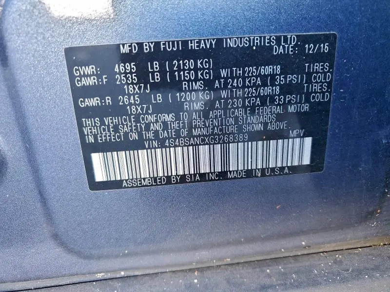 2016 SUBARU OUTBACK 2.5I LIMITED  