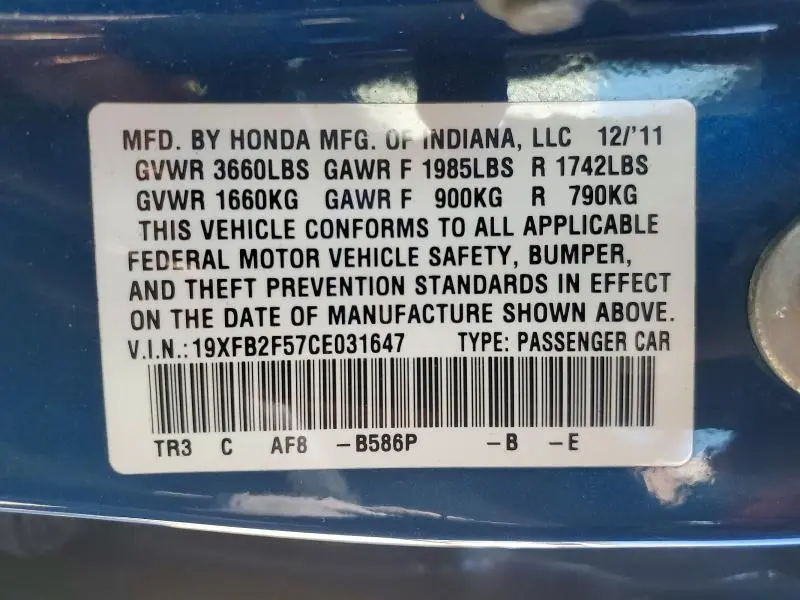 2012 HONDA CIVIC LX  