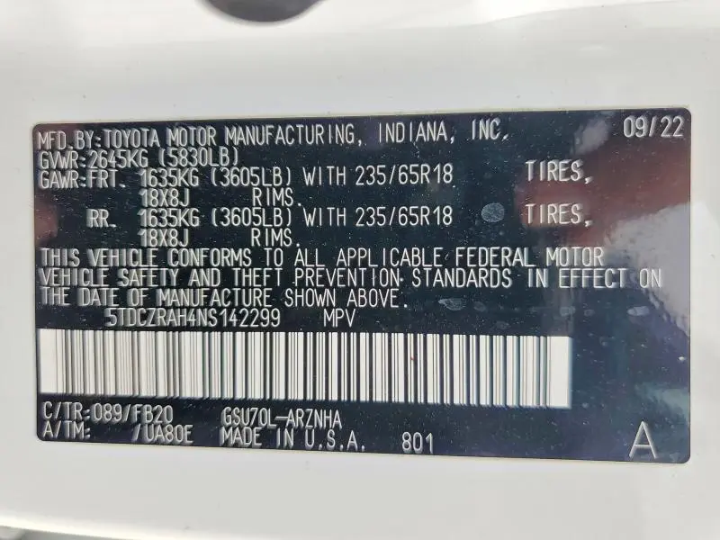 2022 TOYOTA HIGHLANDER L  