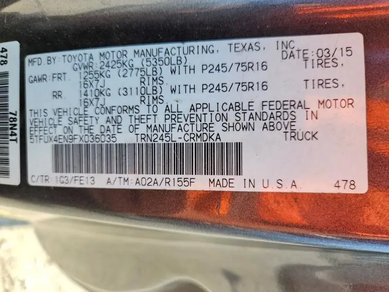 2015 TOYOTA TACOMA BASE  