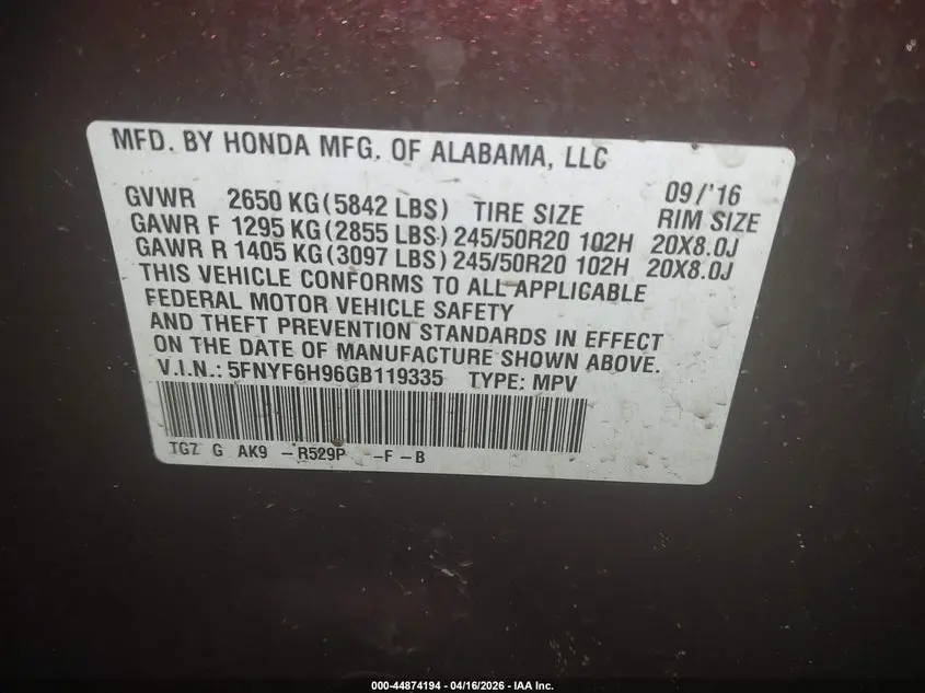 2016 HONDA PILOT TOURING