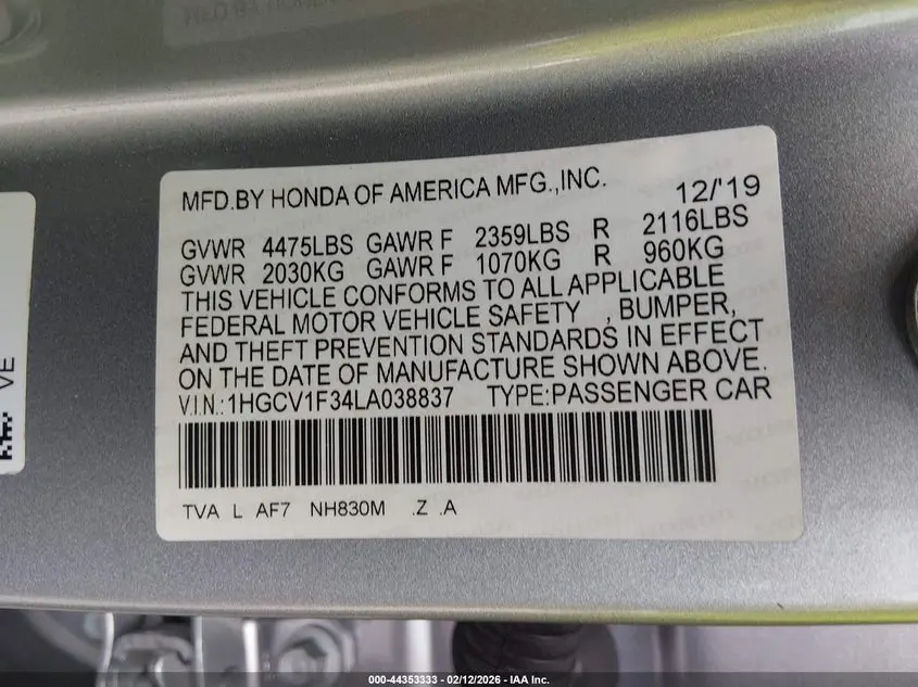 2020 HONDA ACCORD SPORT