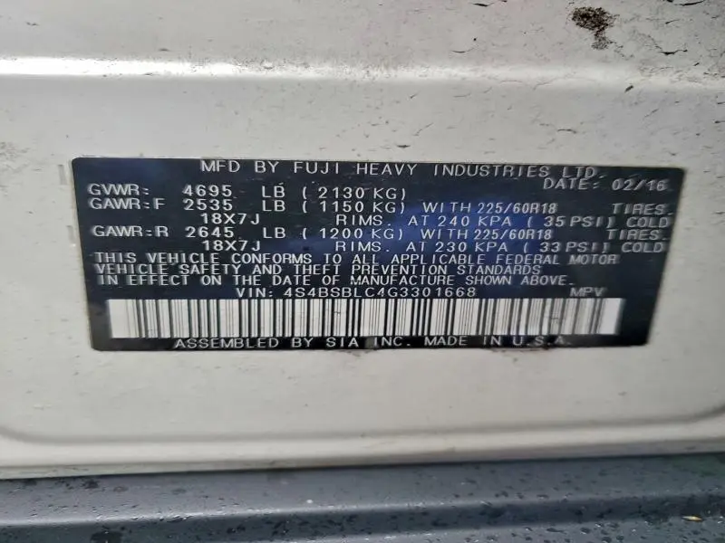 2016 SUBARU OUTBACK 2.5I LIMITED  