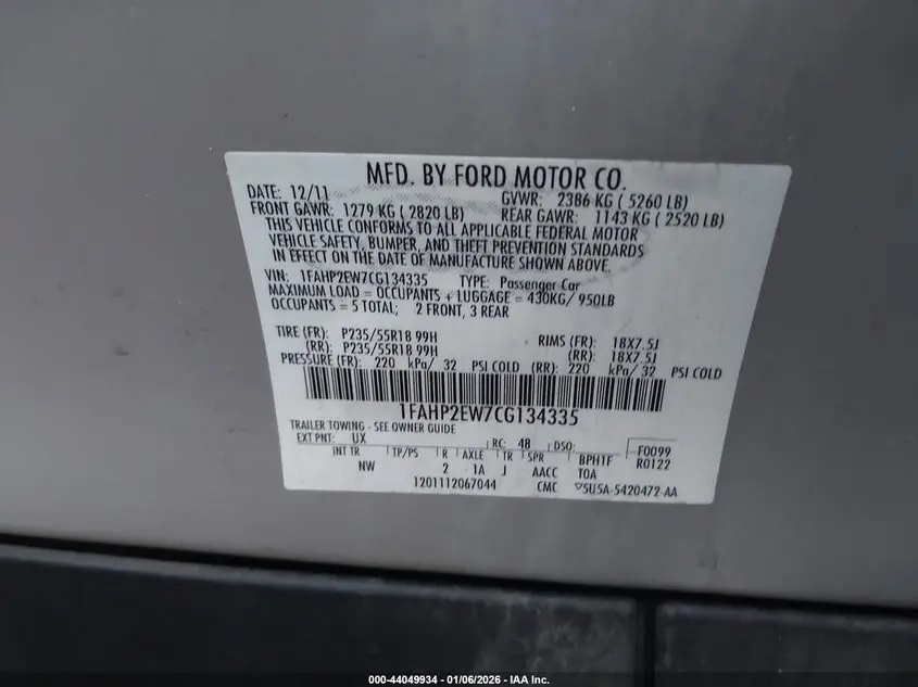 2012 FORD TAURUS SEL