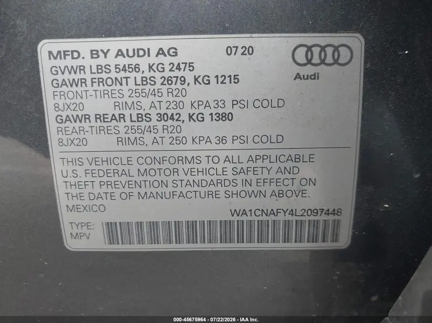 2020 AUDI Q5 PRESTIGE 45 TFSI QUATTRO S TRONIC