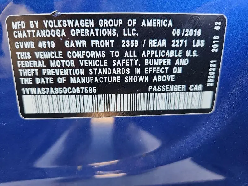 2016 VOLKSWAGEN PASSAT S  