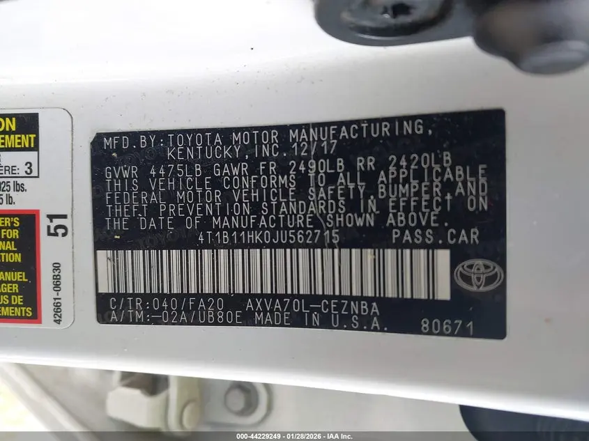 2018 TOYOTA CAMRY LE