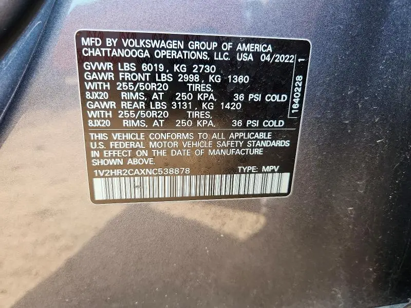 2022 VOLKSWAGEN ATLAS SE  