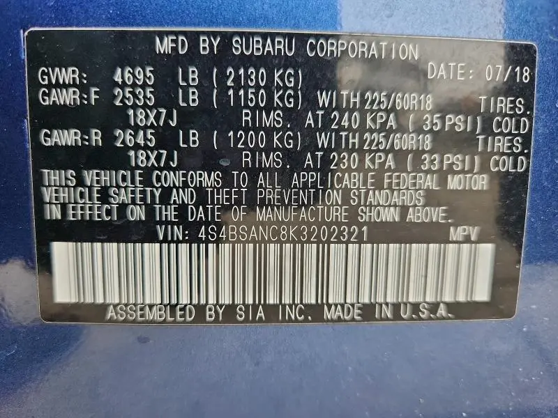 2019 SUBARU OUTBACK 2.5I LIMITED  