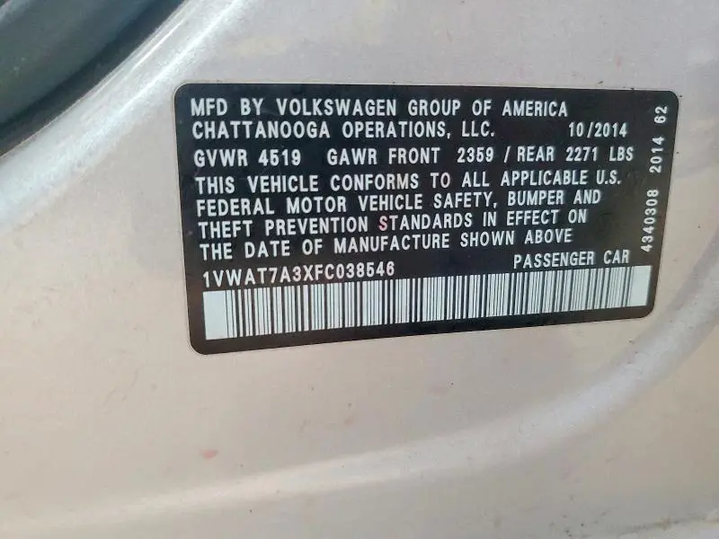 2015 VOLKSWAGEN PASSAT S  
