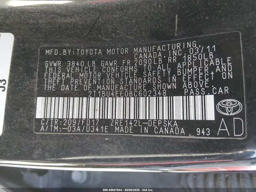 2011 TOYOTA COROLLA S