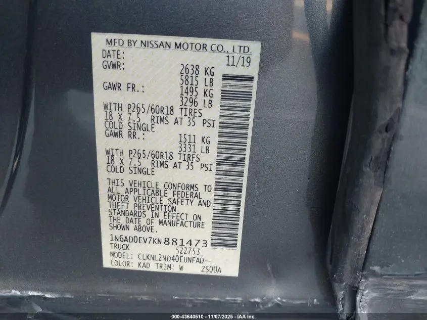 2019 NISSAN FRONTIER SV