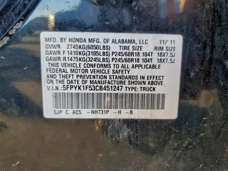2012 HONDA RIDGELINE RTL  