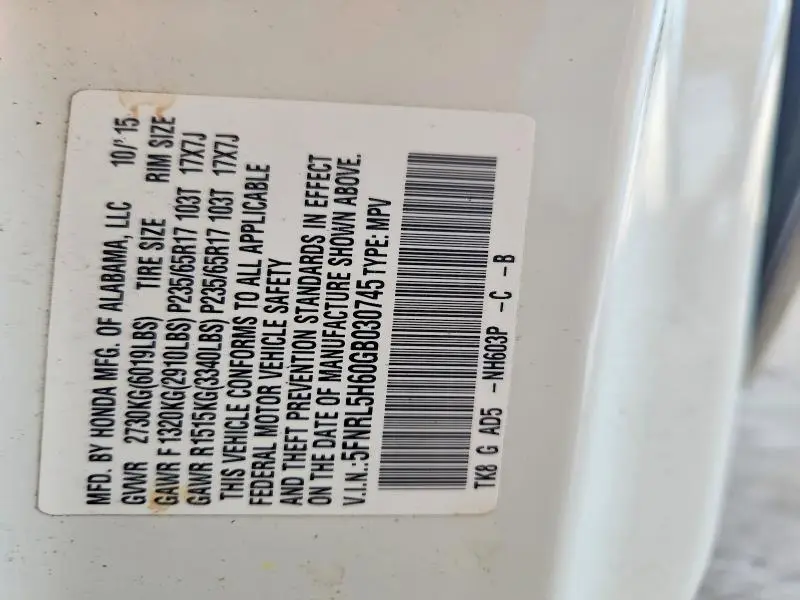2016 HONDA ODYSSEY EXL  