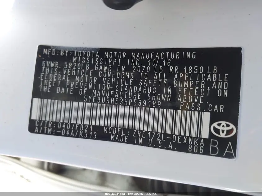 2017 TOYOTA COROLLA LE