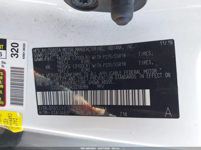 2019 TOYOTA SIENNA XLE 7 PASSENGER