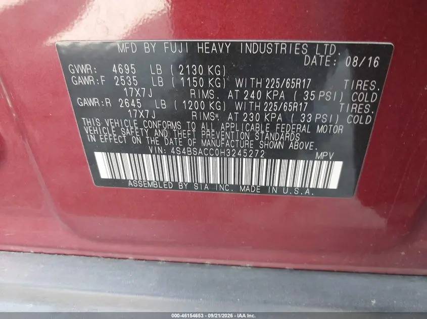 2017 SUBARU OUTBACK 2.5I PREMIUM