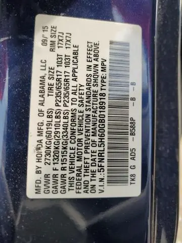 2016 HONDA ODYSSEY EXL  