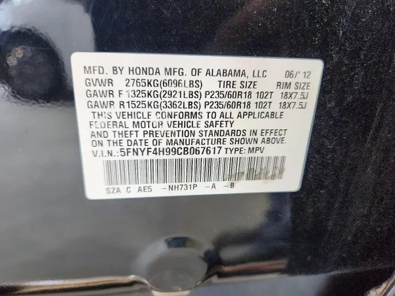 2012 HONDA PILOT TOURING  