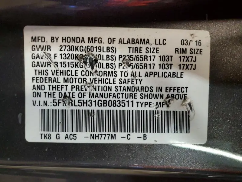 2016 HONDA ODYSSEY SE  