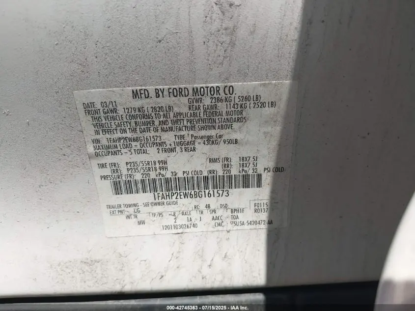 2011 FORD TAURUS SEL