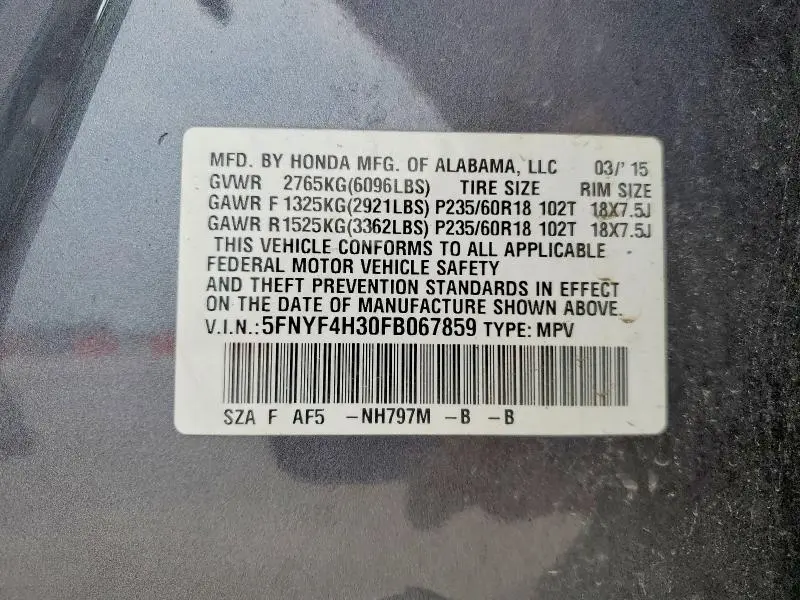 2015 HONDA PILOT SE  