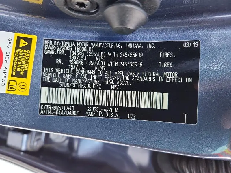 2019 TOYOTA HIGHLANDER LIMITED PLATINUM  