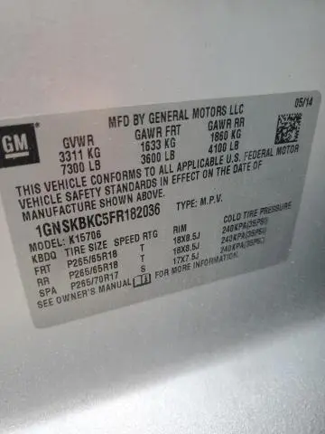 2015 CHEVROLET TAHOE K1500 LT  