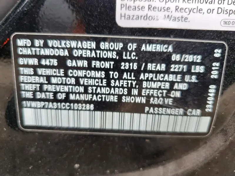 2012 VOLKSWAGEN PASSAT SE  