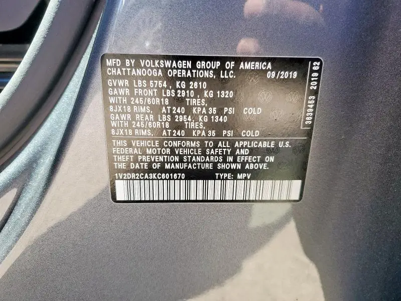 2019 VOLKSWAGEN ATLAS SE  