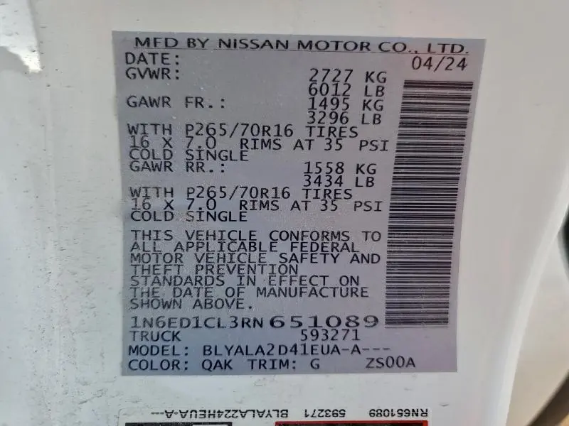 2024 NISSAN FRONTIER WORK TRUCK ** PRIOR FLEET **