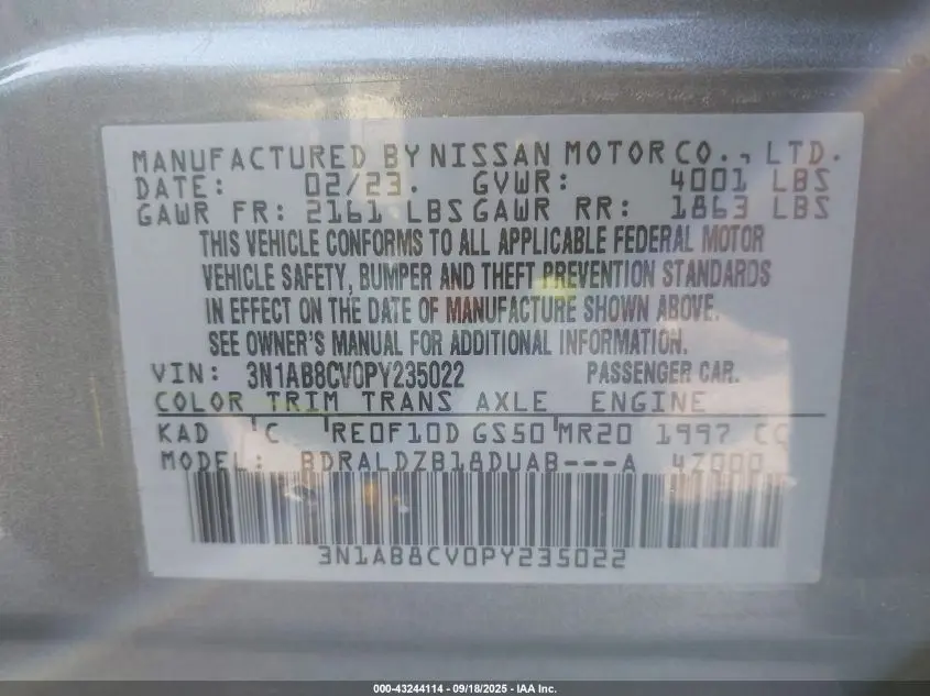 2023 NISSAN SENTRA SV XTRONIC CVT