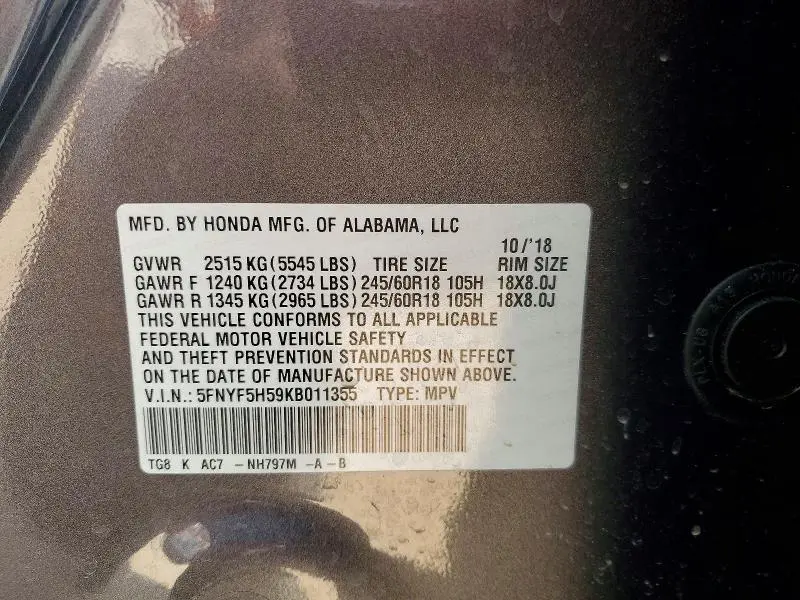 2019 HONDA PILOT EXL  