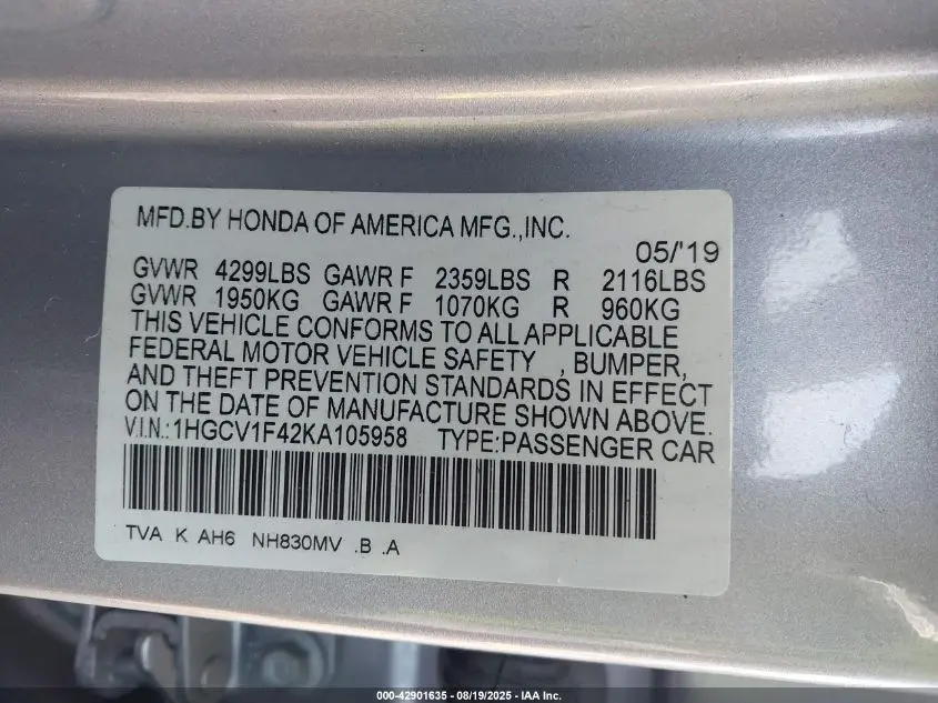 2019 HONDA ACCORD EX