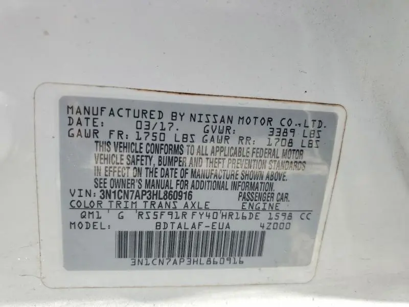 2017 NISSAN VERSA 1.6 S  