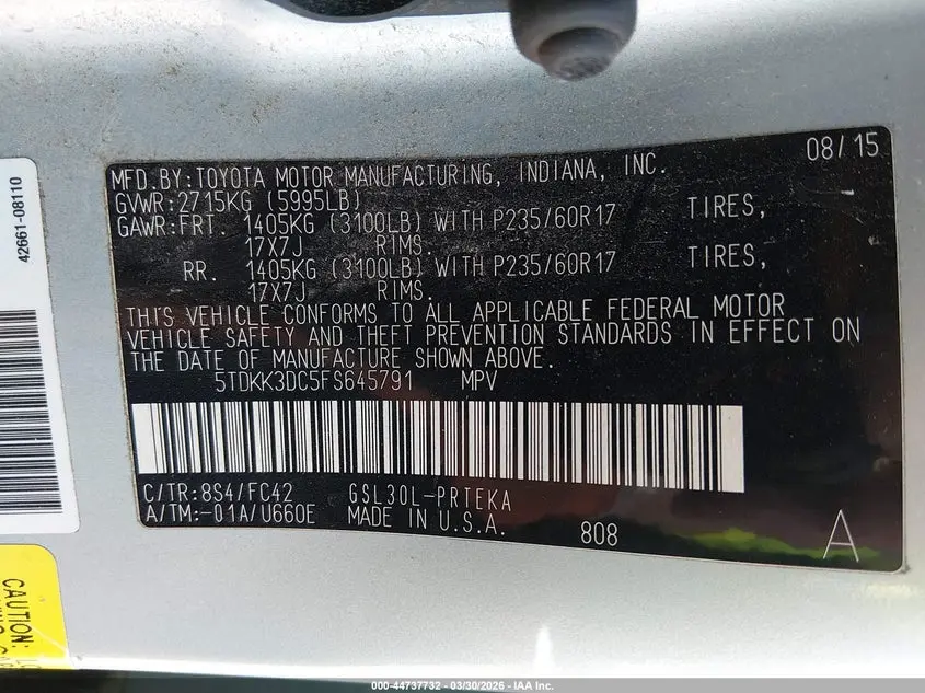 2015 TOYOTA SIENNA LE 8 PASSENGER