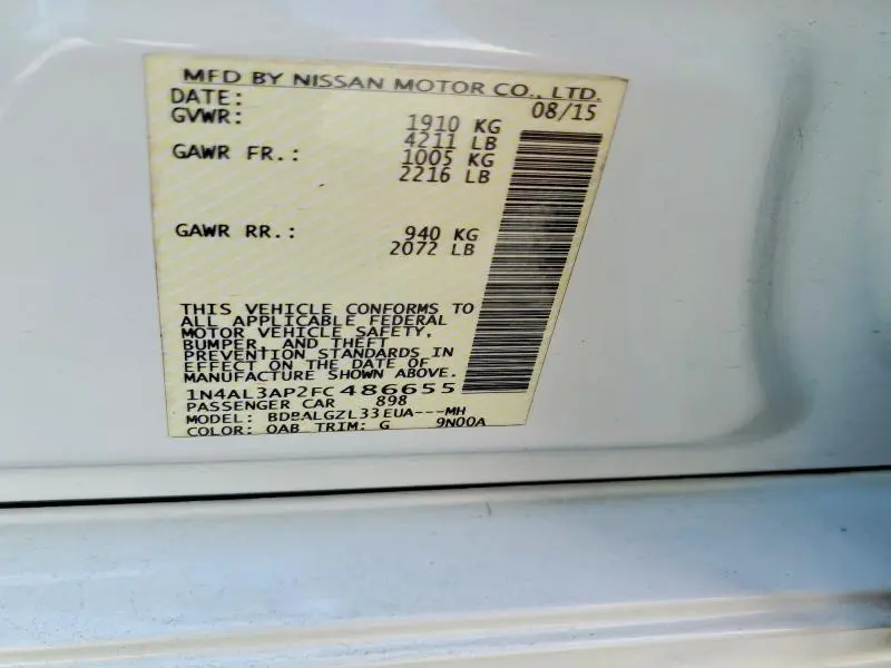 2015 NISSAN ALTIMA 2.5 S  