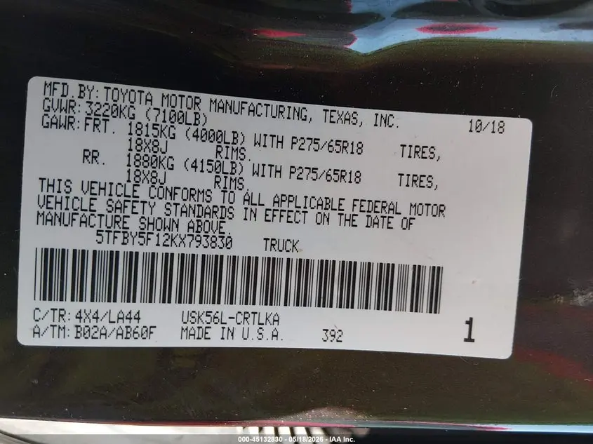 2019 TOYOTA TUNDRA LIMITED 5.7L V8