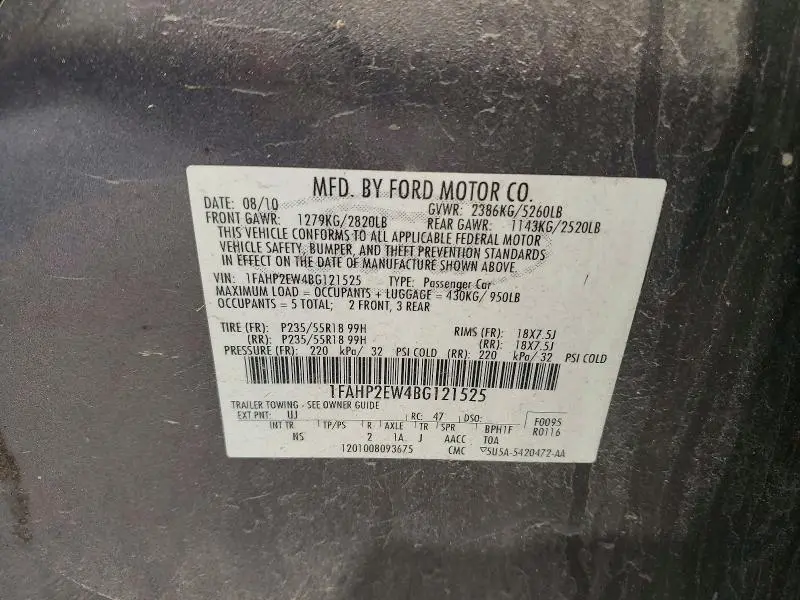 2011 FORD TAURUS SEL  