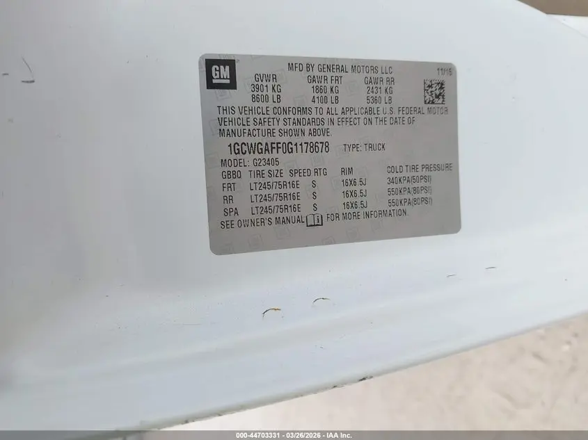 2016 CHEVROLET EXPRESS 2500 WORK VAN