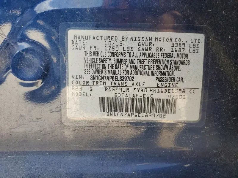 2014 NISSAN VERSA 1.6 S  
