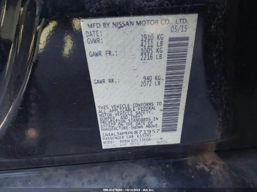 2015 NISSAN ALTIMA 2.5 S