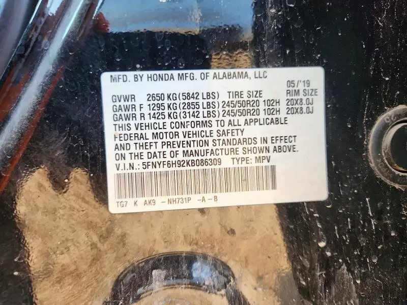 2019 HONDA PILOT TOURING  