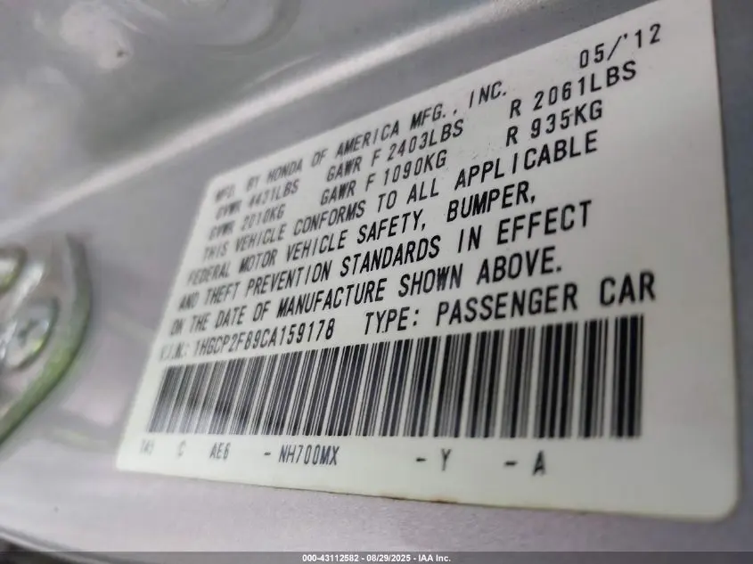 2012 HONDA ACCORD SDN 2.4 EX-L/EX-L