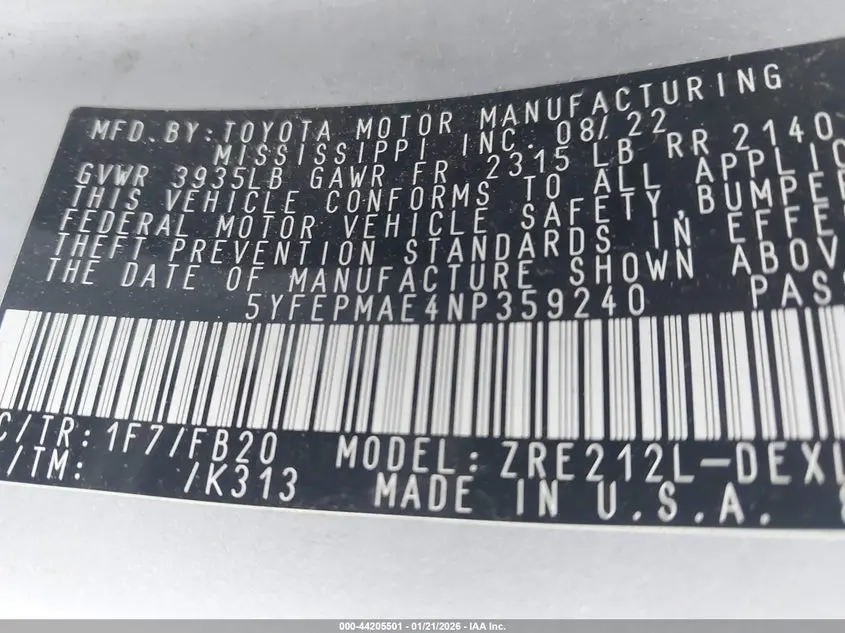 2022 TOYOTA COROLLA LE