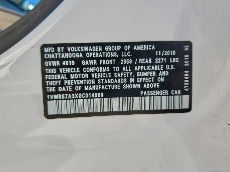 2016 VOLKSWAGEN PASSAT SE  